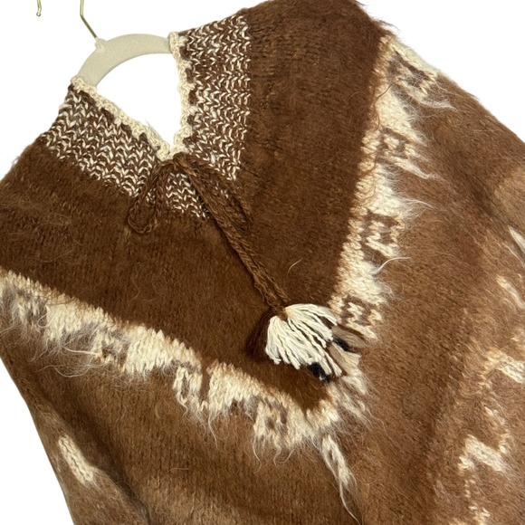 The Unbranded Brand Sweaters - Vintage Knit Fringe Poncho One Size Brown Cream Chevron Tassel Boho Wool Blend